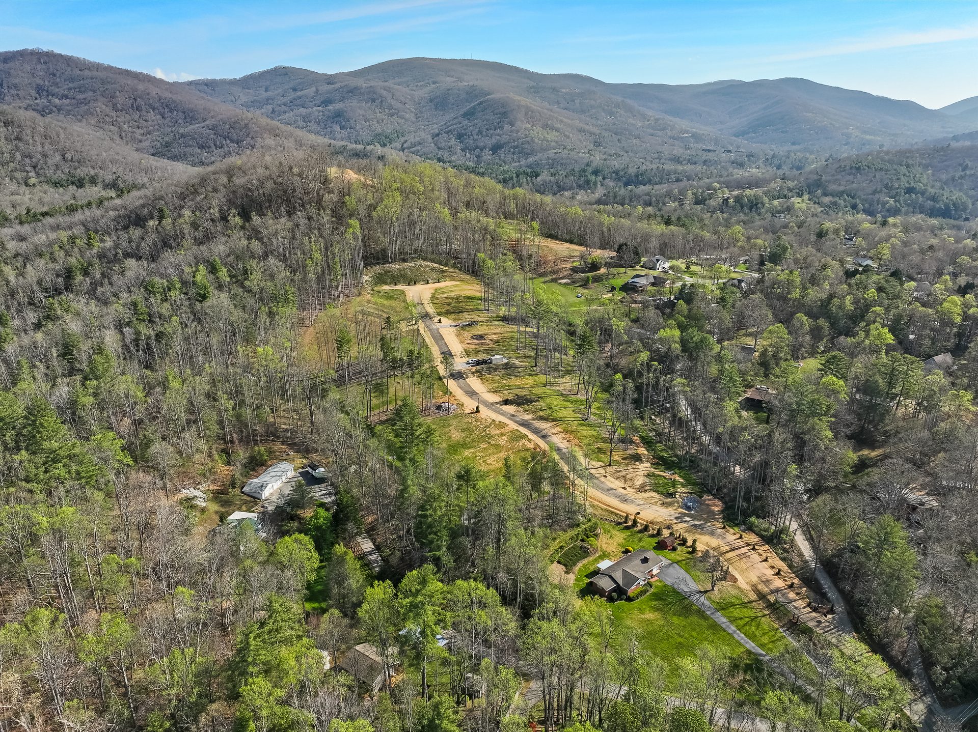 Aerial view of Harris Cove and the surrounding Fairview mountains