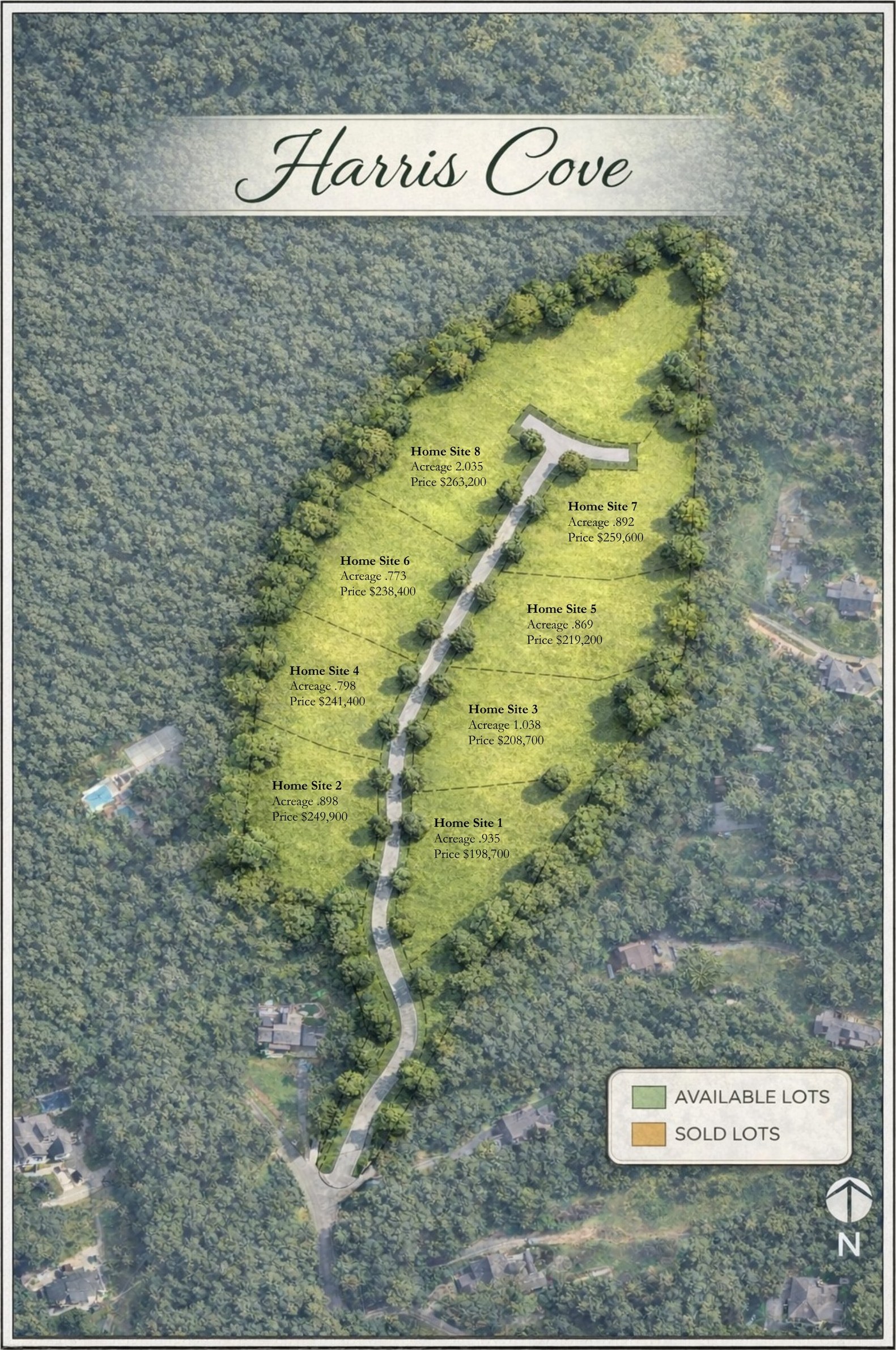 Aerial site map of Harris Cove with homesite callouts